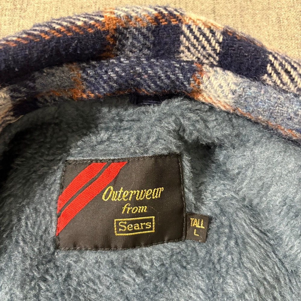 Vintage 70s Sears Shacket Men Large Plaid Flannel Lined Sherpa Faux Fur - Picture 7 of 8